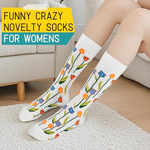 Image of HSELL Womens Novelty Socks with Colorful Flower Design Fancy Gift for Mom Lady Breathable Cotton Socks for Daily Wear