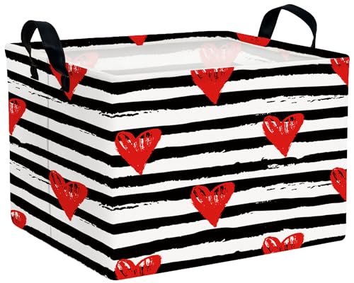 Image of Valentines Day Basket for Kids Heart Shaped Empty Storage Bins for Gifts with Handles Room Decor (Black Dash Red Love)