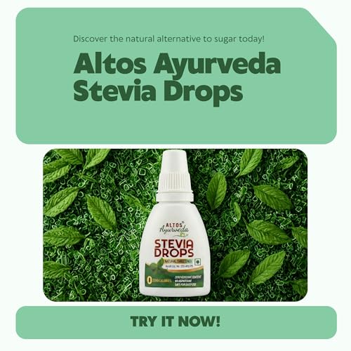 Image of ALTOS Ayurveda Stevia Drops - Natural Sweetener, Zero Calories, Zero Aspartame, Liquid Form, Diabetic Friendly, Weight Management, Made with Natural Stevia Leaves Extract, 30 Millilitre