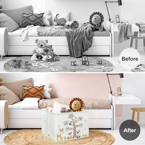 Image of Clastyle 36L Large Woodland Animal Tree House Baby Basket Rectangle Deer Fox Squirrel Shelf Basket with Handle Collapsible Book Toy Clothes Towel Nursery Storage Basket | Waterproof Large Dirty Clothes Book Gift Toy Organizer Bin, Nursery Playroom Bedroom Bathroom Shelf, Deer Fox Squirrel