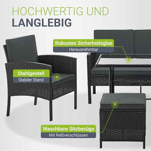 Juskys Polyrattan Gartenmöbel Sitzgruppe Turin Set 6 teilig - 7 Personen - Outdoor Möbel mit Sessel, Hocker, Tisch & Kissen - Loungemöbel Schwarz