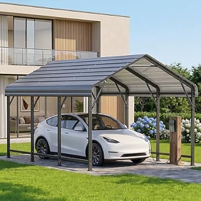 HOMSHADE 10x15FT Heavy Duty Metal Carport, All-Weather Galvanized Steel Car Port Garage with 132° Steep Anti-Pooling Roof & Enhanced Base, Outdoor Shelter for Vehicle, Boats, Trucks