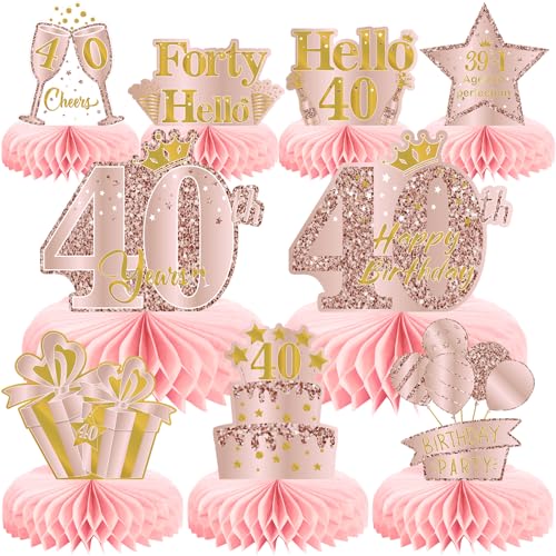 9Pcs 40th Birthday Decorations Pink Rose Gold Honeycomb Centerpieces for Girls,Happy 40th Birthday Table Centerpieces Party Supplies,Forty Year Old Birthday Table Decor