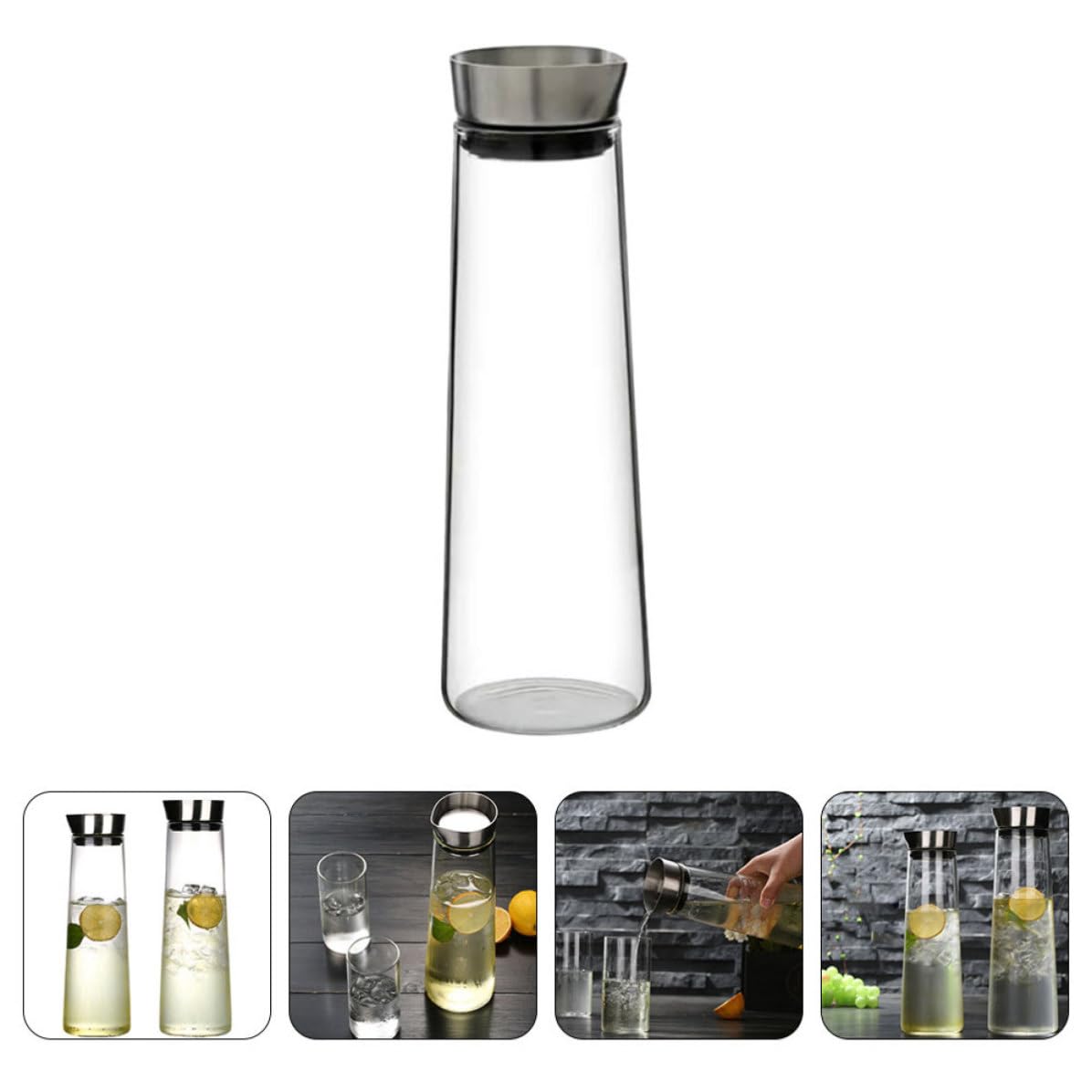 KALLORY Jarra de Vidrio a Prueba de Fugas Diseño Clásico y Elegante de 1l Tapa Inoxidable para Agua Fría para Uso en Oficina o Fiesta