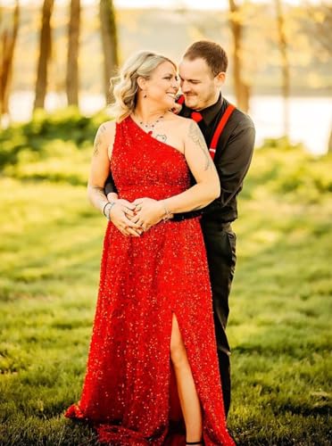 Fu Jiang Sparkly Sequin Prom Dresses for Women 2025 Long Split One Shoulder Formal Evening Ball Gown with Pockets4