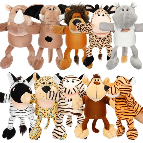 Image of Lenwen 10 Pcs Animal Hand Puppets Set for Kid Soft Plush Jungle Toys with Open Movable Mouth Friend Safari Wildlife Zoo Puppet for Toddler Storytelling Teaching Preschool Role Play Lion Tiger Elephant