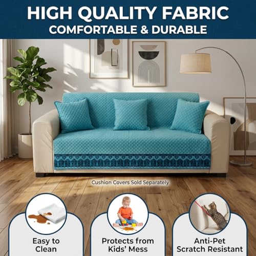 Image of KINGLY Sofa Cover 4 Seater Fully Covered | Stretchable Anti-Slip Slipcover | Washable Furniture Protector | Mint Blue | Set of 2 | Seat & Back |