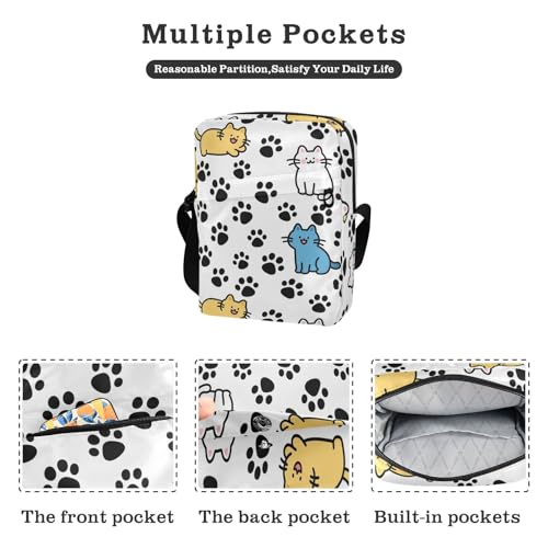 KLL Happy Cute Cat Colorful Footprint Black messenger bag for men Vegan Leather mens crossbody bag small Shopping Lady Shoulder Handbags2