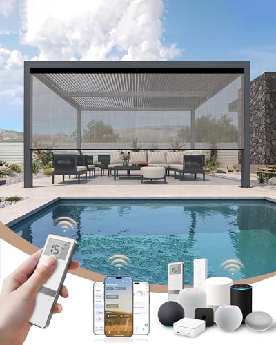 Image of Kincmo Motorized Outdoor Shades for Patio Porch, Custom Outdoor Motorized Blinds with Remote, Waterproof & Windproof Patio Shades Work with Apple Home,Alexa,Google (Texture White Grey-5% Openness)