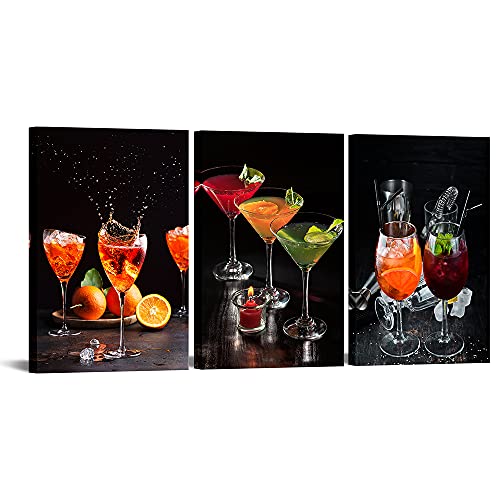 VANSEEING 3-teiliges Leinwandbild mit Weinmotiv, Cocktail-Gemälde mit Obst, gerahmt, mit funkelndem Saft, Lebensmittelkunstwerk für Küche, Esszimmer, Bar, Pub, Dekoration, 40,6 x 61 cm, 3 Stück Cover