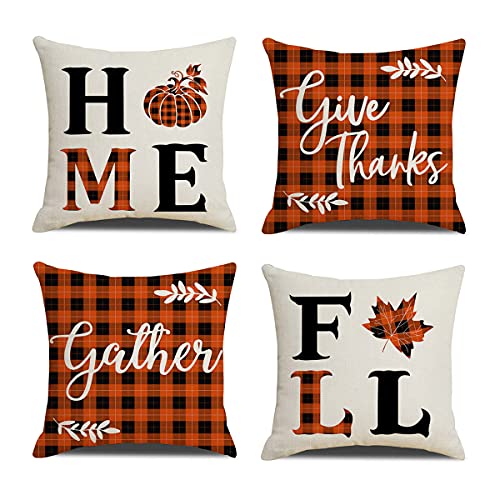 Fall Pillow Covers 18x18 Set of 4 Thanksgiving Buffalo Check Fall Decorations for Home Orange Black Pumpkin Maple Leaves Outdoor Fall Decorative Fall Throw Pillows Cushion Cases for Sofa Couch
