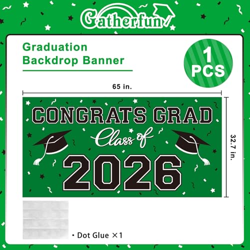 Image of 2026 Graduation Party Plastic Backdrop - 65 inch x 32.7 inch Congrats Grad Banner in Green, Large Class of 2026 Decorations, Photography & Grad Party Supplies