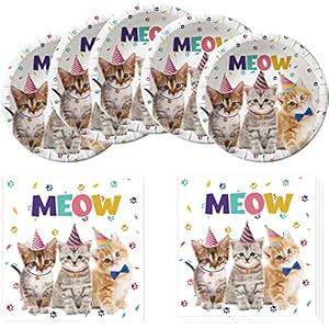 Cat Party Supplies Kitten Paper Tableware Set – Cat Themed Birthday Party Plates and Napkins