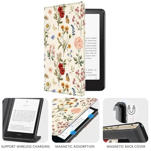 Image of CoBak Case with Stand for Kindle Paperwhite 12th Gen 2024 Released (7 inch) & Kindle Colorsoft Signature Edition - Durable PU Leather Cover with Auto Sleep Wake, Card Slot, Hand Strap Feature, Floralia