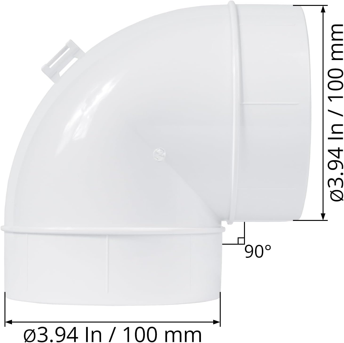 4-Inch White Plastic 90-Degree Elbow Duct Fitting for Round HVAC Pipes - Push-fit Airflow Connector, Ideal for Efficient Ventilation Systems in Residential, Commercial Applications.