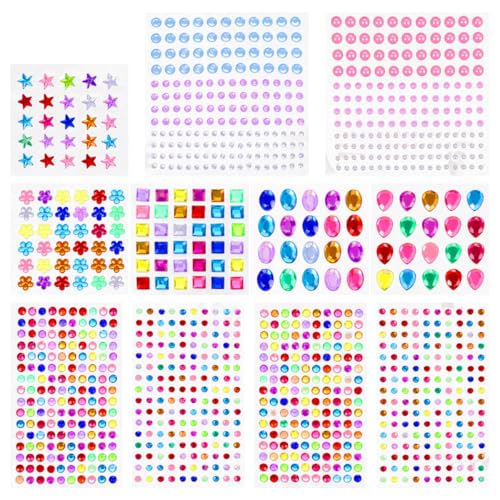 Gadpiparty Pegatinas Acrílicas de Gemas Faciales Diy, 11 Hojas de Pegatinas de Gemas de Imitación Autoadhesivas, Colores Brillantes para Manualidades y Decoración Creativa