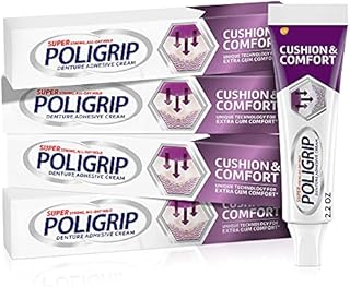Poligrip Cushion & Comfort, Denture and Partials Adhesive Cream for Extra Comfort and Hold of Dentures, 2.2 Ounces (Pack of 4)