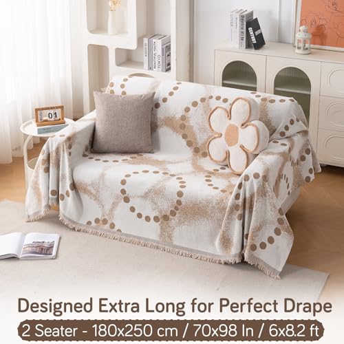 Image of HOKIPO Premium Chenille Printed Sofa Cover Throw Blanket 320 GSM for 2 Seater - All Season Use, 'Serene Abode Series' Latte Dotted Wave (180x250 cm) (AR-6632-D3)