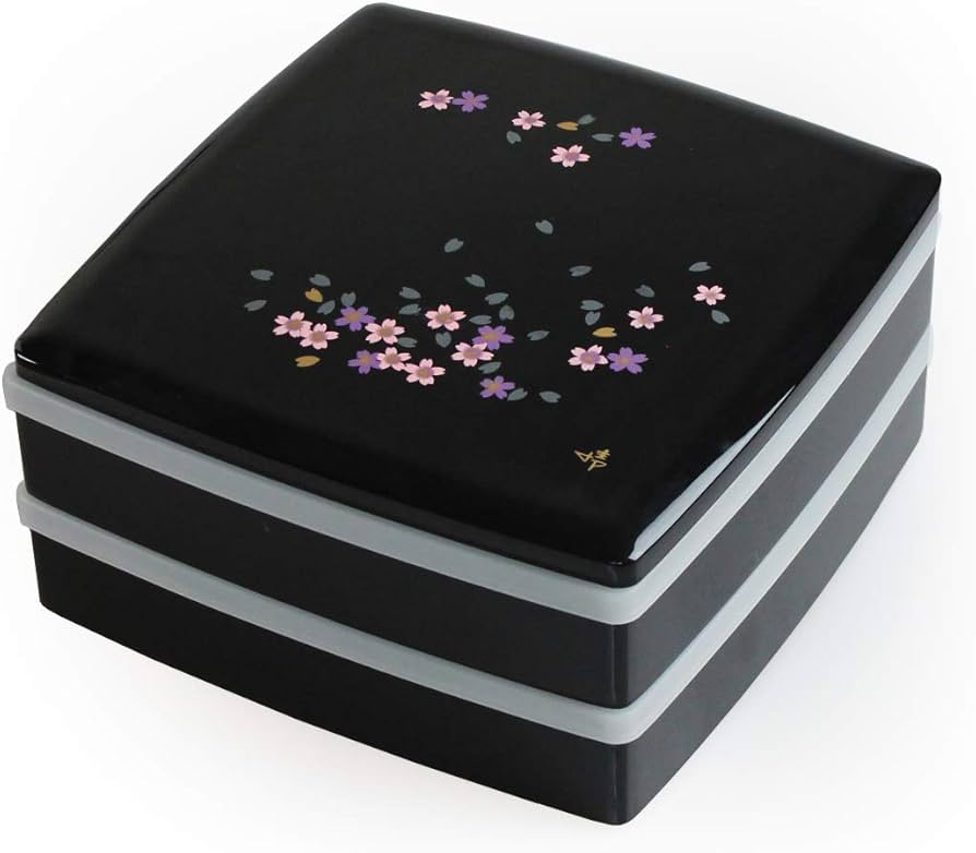 二段重 中仕切り付き 黒地金色装飾 長角二段重 金市松 仕切付き 木製 漆器の井助