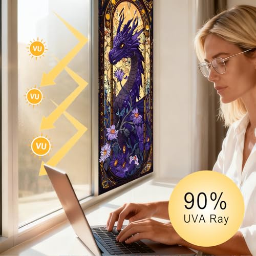 Image of Nuxovilar Stained Glass Window Film Dragon Floral Pattern PVC 17.7 x 39.4 Inches Window Clings for Glass Panel Privacy Decor for Game Room Study Entry Door