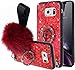 Uposao Cover Compatibile con Samsung Galaxy S7 Edge Morbido Pelosa Soffici Villi Pelliccia Peluche Palla Case Bling Diamante Anello Supporto Dura del PC Custodia,Rosso