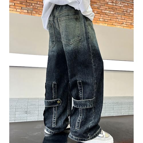 Boys Baggy Jeans 𝗩intage Wide Leg Elastic Waist Streetwear Denim Jeans Fall Loose Casual Trousers with Pocket2