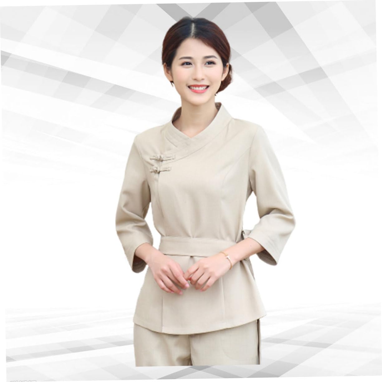 Healvian Uniforme de Técnico de Belleza Beige Cómodo y Plegable para Salón y Teñir el Cabello, Ropa de Trabajo en Poliéster y Spandex, Talla L a XXXL