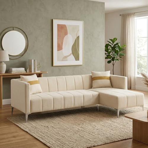 Image of Solomon Luxe Velvet-Suede Fabric 5 Seater RHS L Shape Sofa | Comfortable & Spacious Seating | Modern Sofa for Living Room - Cream