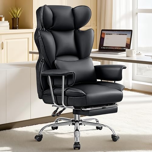 ALLGOD Office Chair Comfy, Big and Tall Executive Leather Chair, High Back Ergonomic Wide Chair with Footrest, Reclining Computer Desk Chair, Heavy Duty Gaming Chair with Padded Arm and Pillow, Black