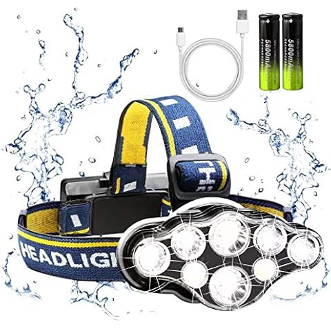 JIMEJV Rechargeable Headlamp, 8 LED 18000lm IPX4, Red Light Flashlight, USB Cable 8 Modes Outdoors Camping Running Fishing Hiking (Yellow Headband) Cover