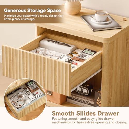 Image of Fluted Night Stand Set 2, Large Wood Bedside Table Set of 2 with Drawer and Storage Shelf for Bedroom, Small Spaces