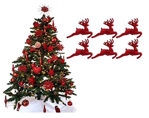 Pack of 6 - Hanging Glitter Reindeer Christmas Tree Decorations - 2.2cm x 9.5cm (Red)