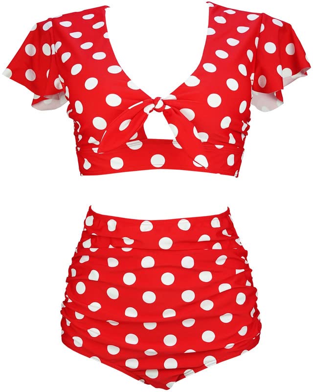 COCOSHIPWomen's Retro Ruched Ruffle High Waist Two Piece Bikini Set Tie Knot Front Top Sport Bath Swimsuit