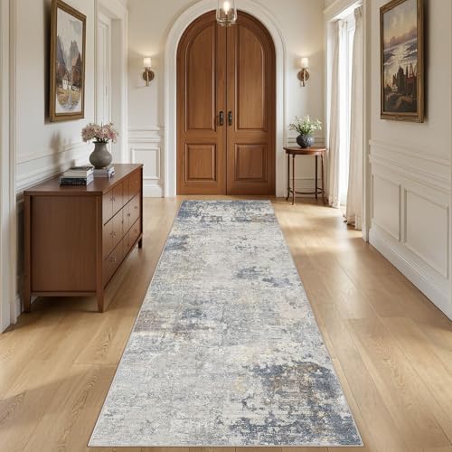 3X10 Washable Runner Rug for Hallway: Soft Neutral Modern Abstract Area Rug - Non-Slip Low Pile Long Throw Indoor Carpet for Kitchen Entryway Kitchen Bedroom Laundry - Blue Grey