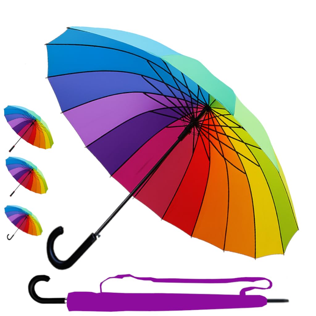 Windproof Strong Umbrella 60MPH - 16 Ribs For Super-Strength - Best Triple Layer Reinforced Frame with Fiberglass - Rainproof Straight Auto Open Rainbow Men Women - Choice of 3 Sizes