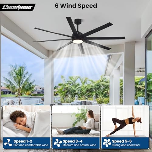 Image of Modern Ceiling Fans with Lights, 72 Inch Ceiling Fan with Light and Remote, Bedroom Living Room Library Cafe Outdoor /Industrial,24W 6CCT Dimmable, 8 Blades 6 Speed Reversible Quiet DC Motor, Black
