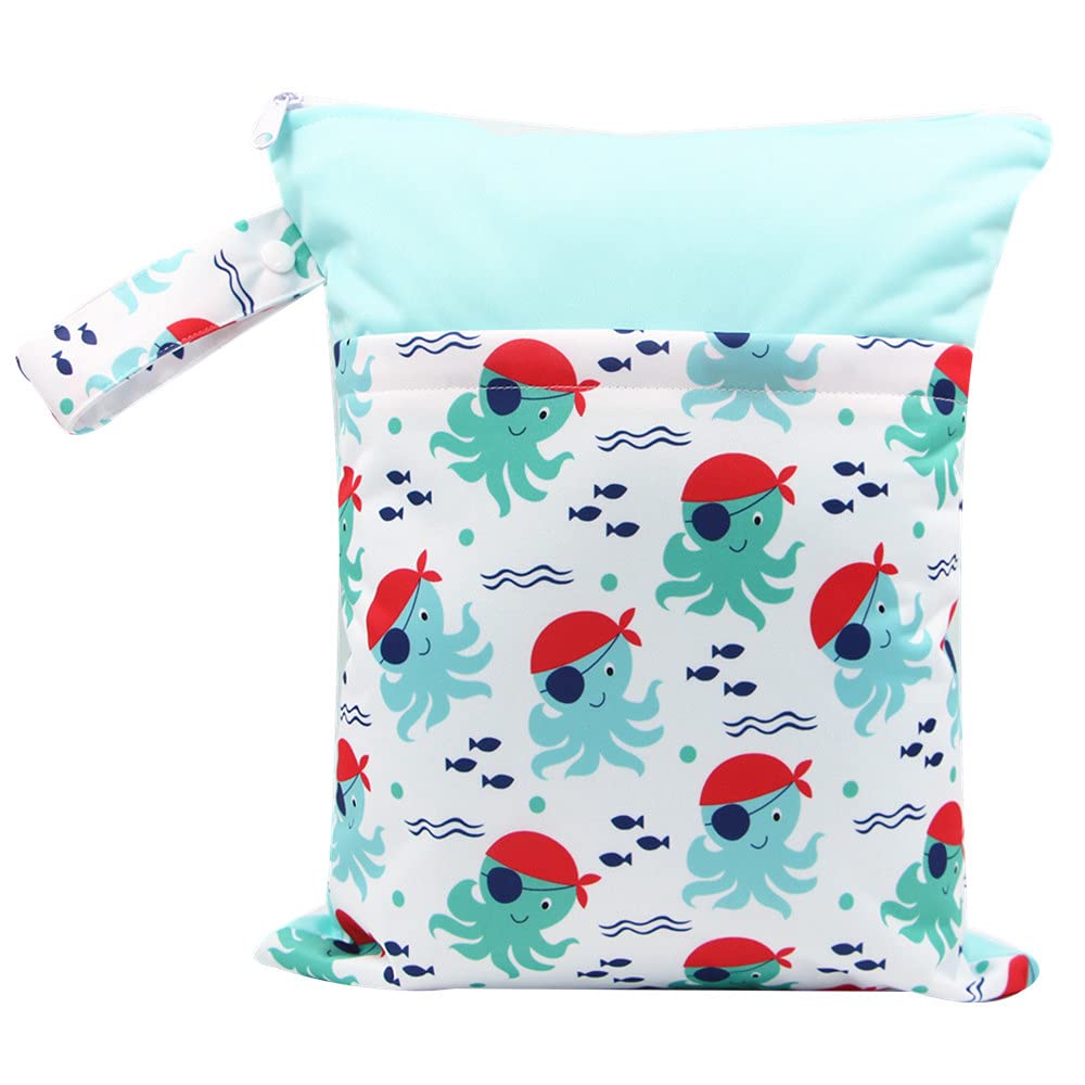 Treer Dry Wet Bag Baby Nappy Organizer Bag Large Double Zipper Reusable Waterproof Cute Animals Print Baby Carriage Hanging Bag, for Soiled Baby Items or Wet Clothes Storage (Pirate Octopus)