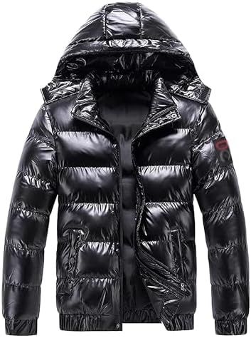 JEsilunmaMY Men's Thermal Shiny Hooded Puffer Jacket Winter Coats Water-Resistant Down Coats Insulated Padded Puffy Coat