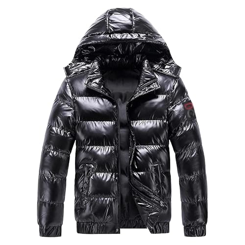 Zipped Hooded Puffer Shiny Jacket for Men Water-Resistant Thermal Padded Puffy Coat Casual Winter Jackets Outwear - Main Image