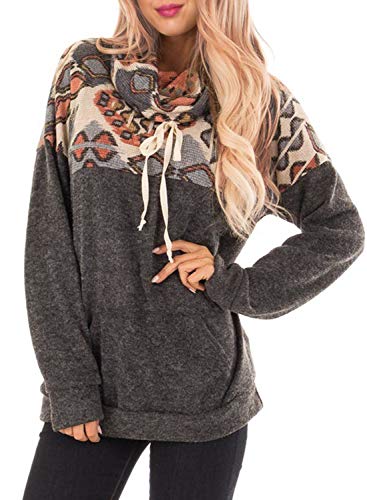 Malaven Women's Cowl Neck Leopard Printed Patchwork Color Block Drawstring Pullover Tunic Sweatshirt Hoodies Long Sleeve Tops Shirts Gray S 4 6