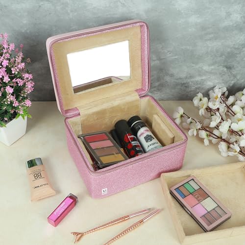 Image of NFI essentials Makeup Box, Cosmetic Organiser for Women, Vanity Box for Bridal, Large Capacity Case for Cosmetics, Skincare, Brushes & Lipsticks, Singardani Box for Home & Travel