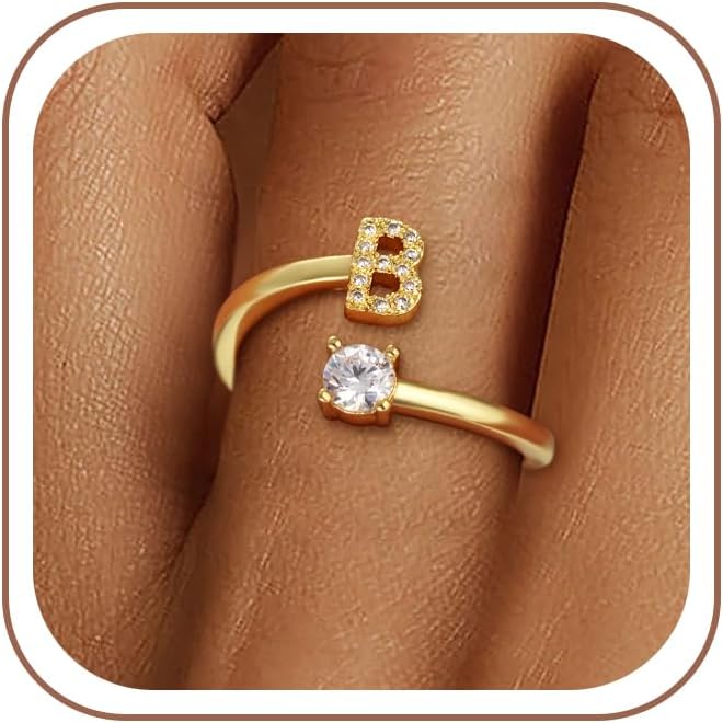 Eaciy Gold Initial Rings for Women Girls, Dainty 14K Gold Plated Adjustable Letter Rings Teen Girl Gifts Trendy Stuff Non Tarnish Ring Birthday Gifts for Toddler Teens