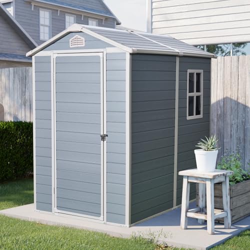 IMagacFun Plastic Outdoor Storage Shed Kit-Perfect to Store Patio Furniture, for Bike, Garbage Can, Tool, Outside Sheds & Outdoor Storage Storage Box with Lockable Door (Gray, 134×194×199 cm)