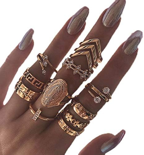 Edary Vintage Ring Set Carved Knuckle Rings Crystal Rings Set Gold Stackable Rings Midi Rings Finger Jewelry for Women and Girls(13PCS)