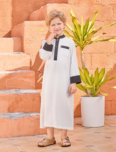 Image of OBEEII Boy's Muslim Arab Solid Color Thobe Long Sleeve Kaftan Embroidered Robe Islamic Arabic Abaya Thobe