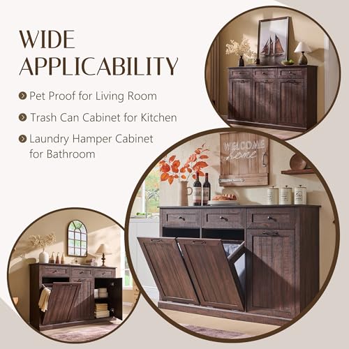 Image of IFGET Triple Tilt Out Trash Cabinet, Wood Trash Can Cabinet, Brown