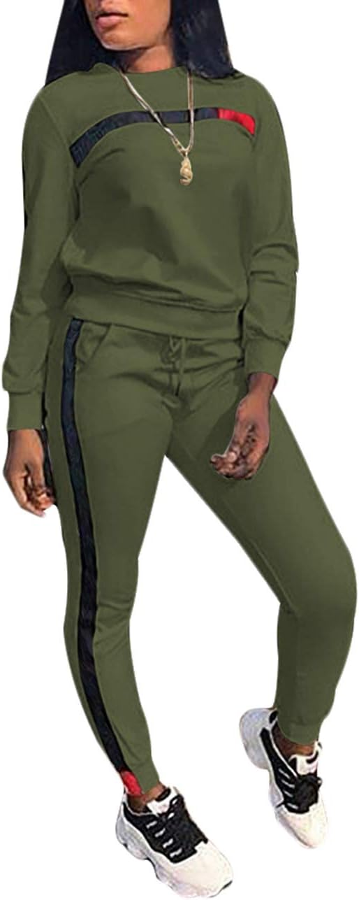 KANSOONWomen Stripe Patchwork Two Piece Sweatsuit Round Neck Pullover and Skinny Long Pants Sets