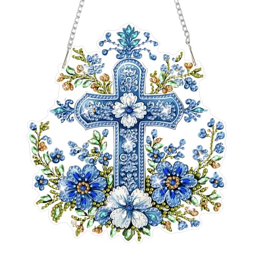 NAIMOER Diamond Painting Kits for Adults, 5D Cross Flowers Diamond Art Hanging Kits Pendant Ornament, DIY Special Shaped Crystal Gem Art, Craft Kit Acrylic Board for Wall Window Decor