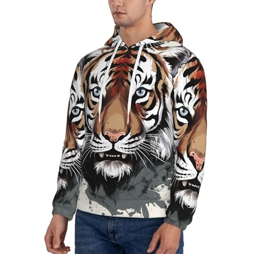Men's Fleece Pullover Hoodie Long Sleeve Hooded Black and white doodle tiger Sweatshirt Casual Shirts With Pockets 3X-Large3