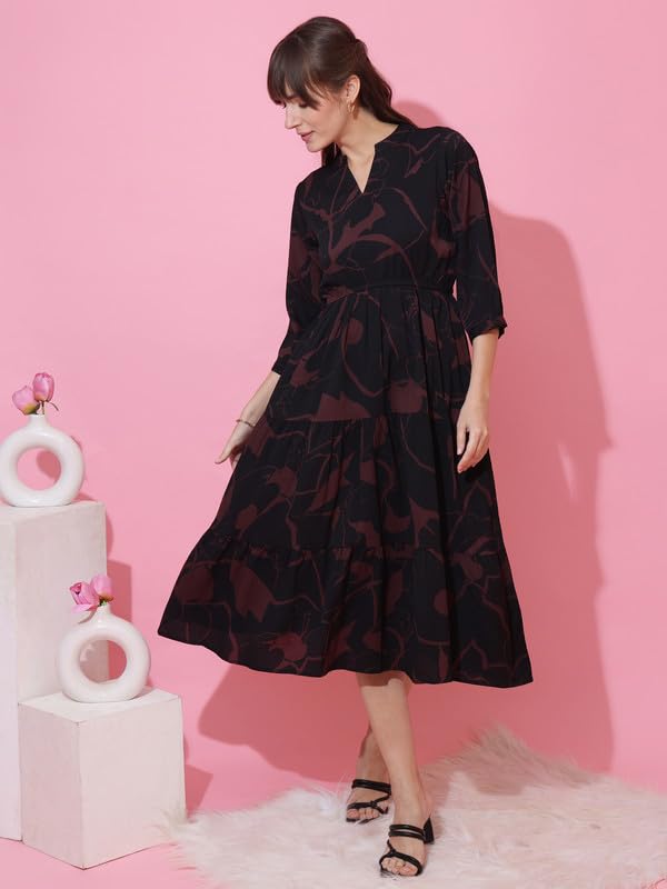 Image of Sheetal Associates Women's Casual 3 /4 Sleeve Crepe Fit and Flare Dress| Comfortable Relaxed Fit Summer Party Dress